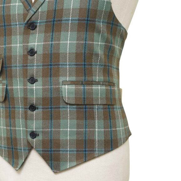 Mens Vest 44R Plaid Wool Green Brown Waistcoat XL Western Casual Preppy Wedding - Picture 6 of 9